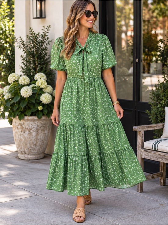 Polagram Dresses & Skirts - Polagram Green Floral Tie-Front Tiered Maxi Dress